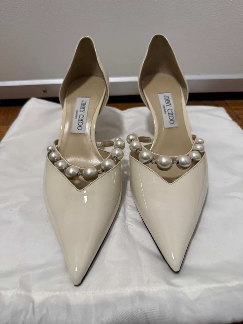 Jimmy Choo Ivory Patent Pointed-Toe Pumps with Pearl Strap